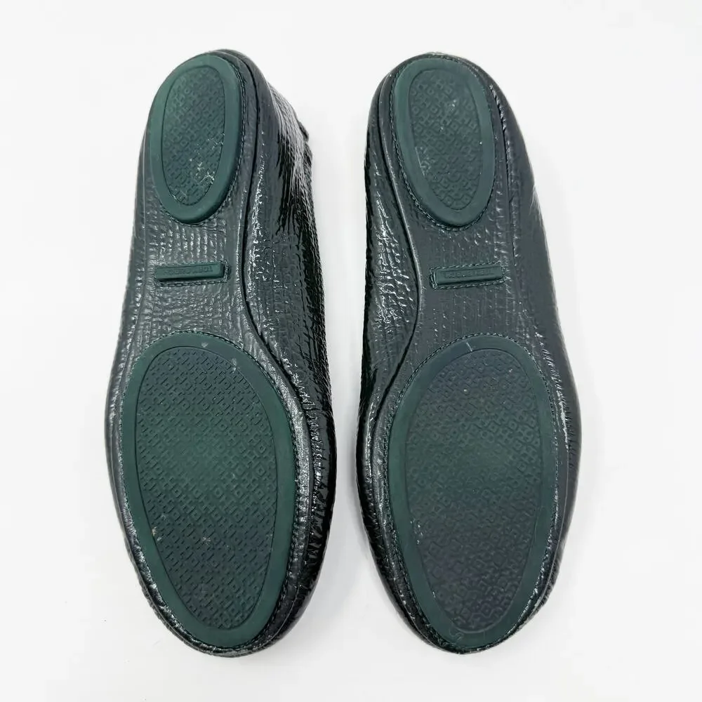Tory Burch Dark Green Crinkly Patent Leather Minnie Flats Size 8.5 T Logo Detail